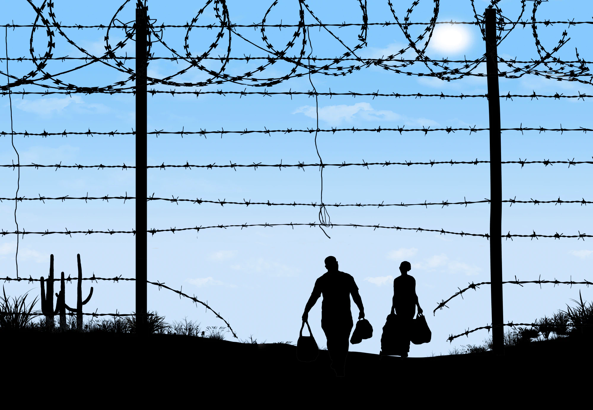 Silhouette of two people crossing through a barbed fence.