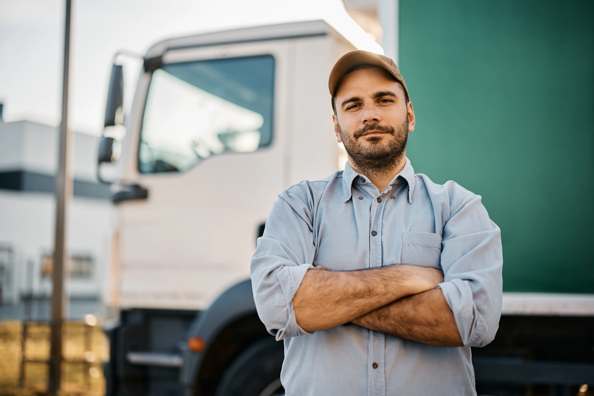 Truck driver standing in front of his truck looking at the camera with crossed arms.