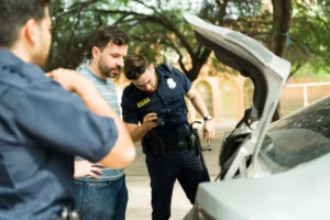 two police officers searching the trunk of a motorist’s car.