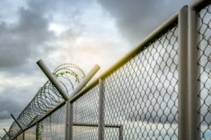 A border security fence with razor wire