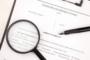 A close-up view of a Federal arrest warrant.