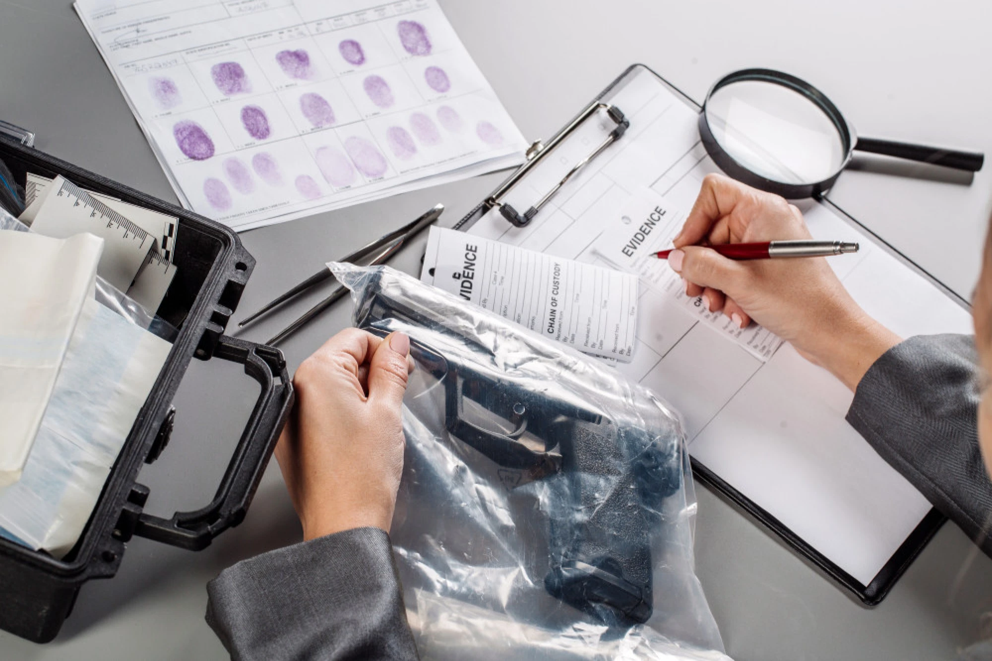 A law enforcement officer entering a handgun into evidence