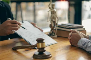 Abogado especializado en lesiones personales explicando un caso a su cliente.