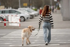 Una mujer que pasea a su perro por un paso de peatones