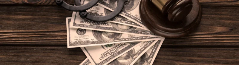 Una vista de dinero en efectivo, esposas y un mazo de juez sobre una mesa.