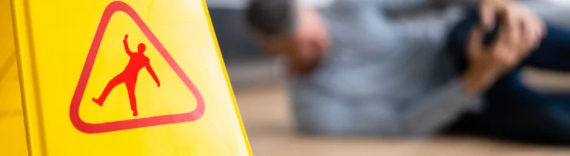 Primer plano de una señal de «precaución, suelo mojado» con una persona herida difuminada al fondo