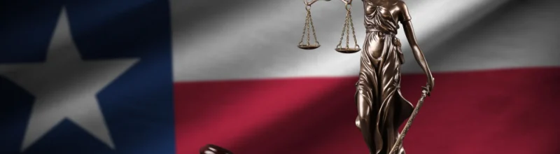 A gavel and a statue of Lady Justice in front of the Texas State flag
